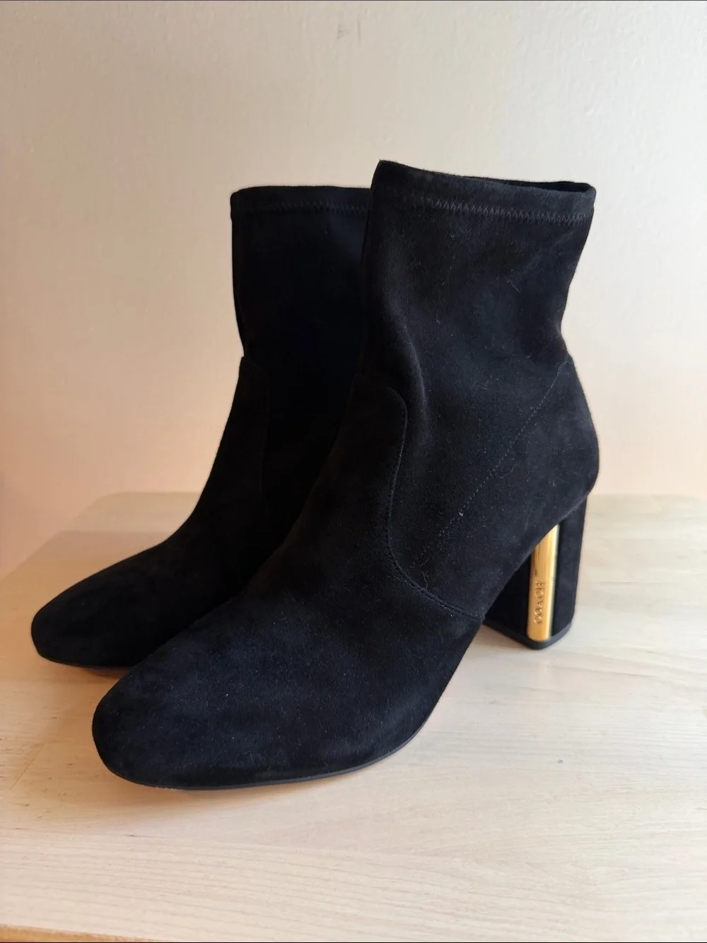 Coach Black Suede Ankle Boots with Gold Accent Heel